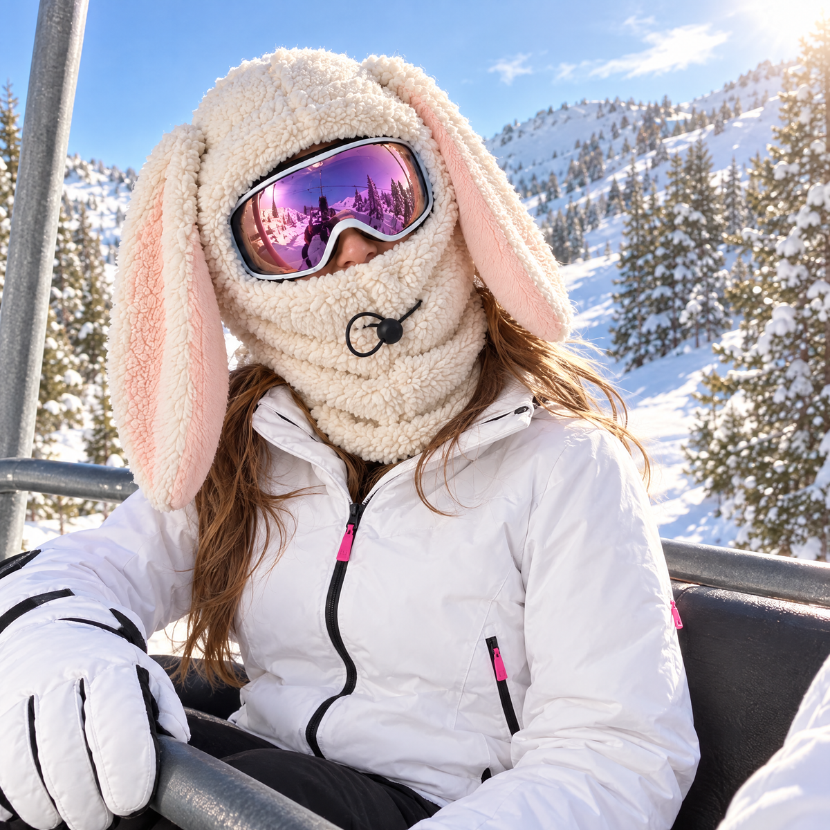 Wearing the bunny balaclava on the chairlift